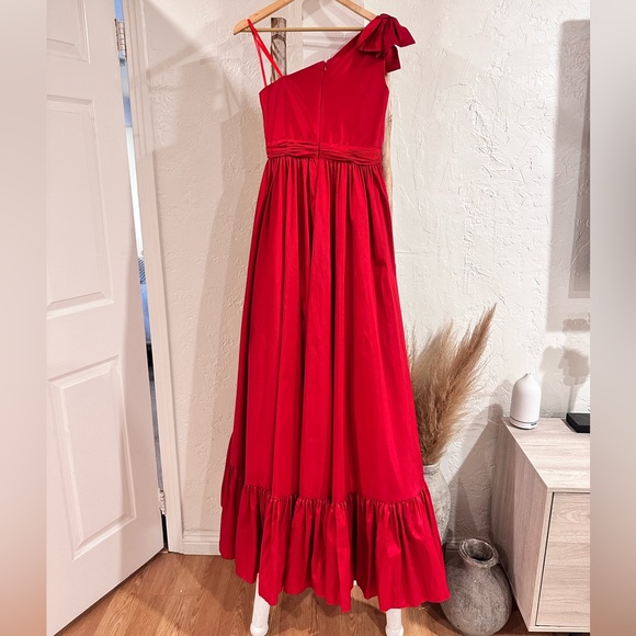 Mac Duggal Bow One Shoulder Ruffle Asymmetric Hem Gown Dress 68027 in 6 Red NWOT - Picture 4 of 7